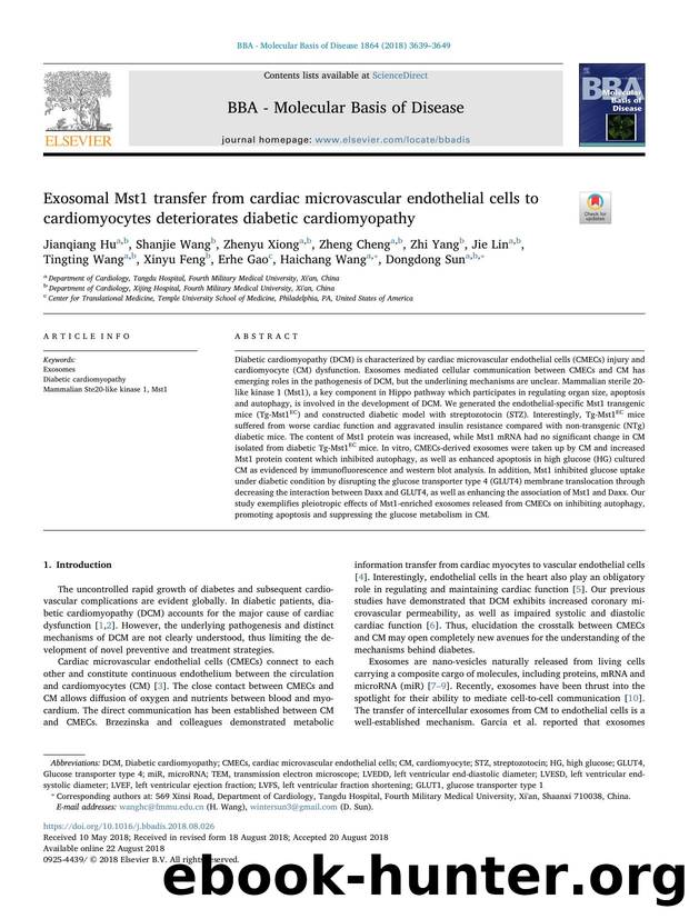 Exosomal Mst1 transfer from cardiac microvascular endothelial cells to cardiomyocytes deteriorates diabetic cardiomyopathy by unknow