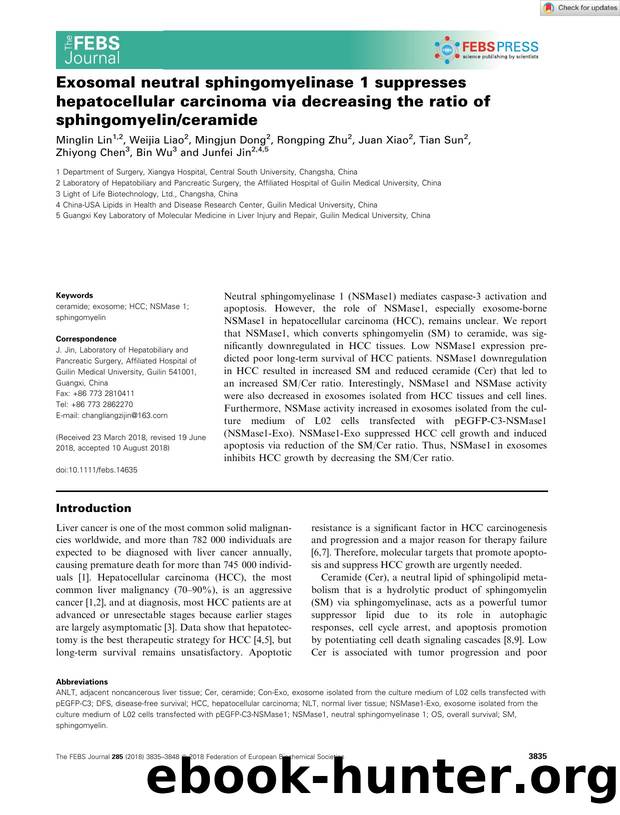Exosomal neutral sphingomyelinase 1 suppresses hepatocellular carcinoma via decreasing the ratio of sphingomyelinceramide by Unknown