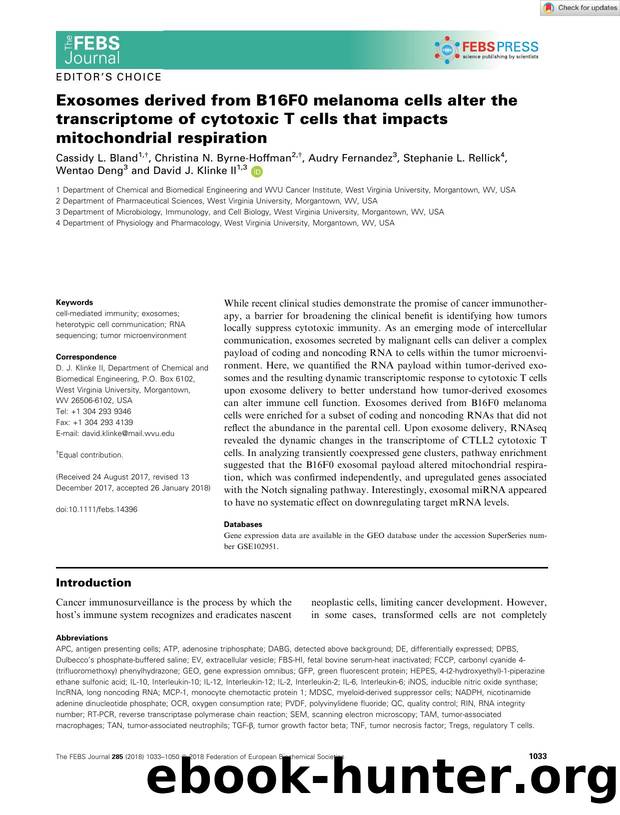 Exosomes derived from B16F0 melanoma cells alter the transcriptome of cytotoxic T cells that impacts mitochondrial respiration by Unknown