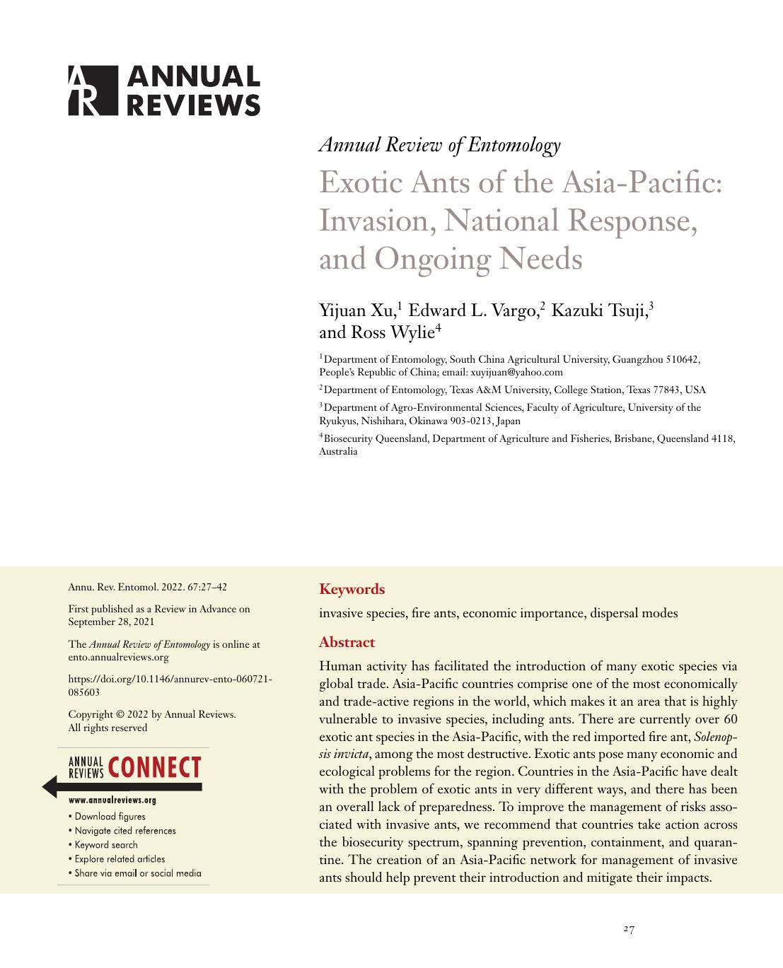 Exotic Ants of the Asia-Pacific: Invasion, National Response, and Ongoing Needs by Yijuan Xu Edward L. Vargo Kazuki Tsuji Ross Wylie