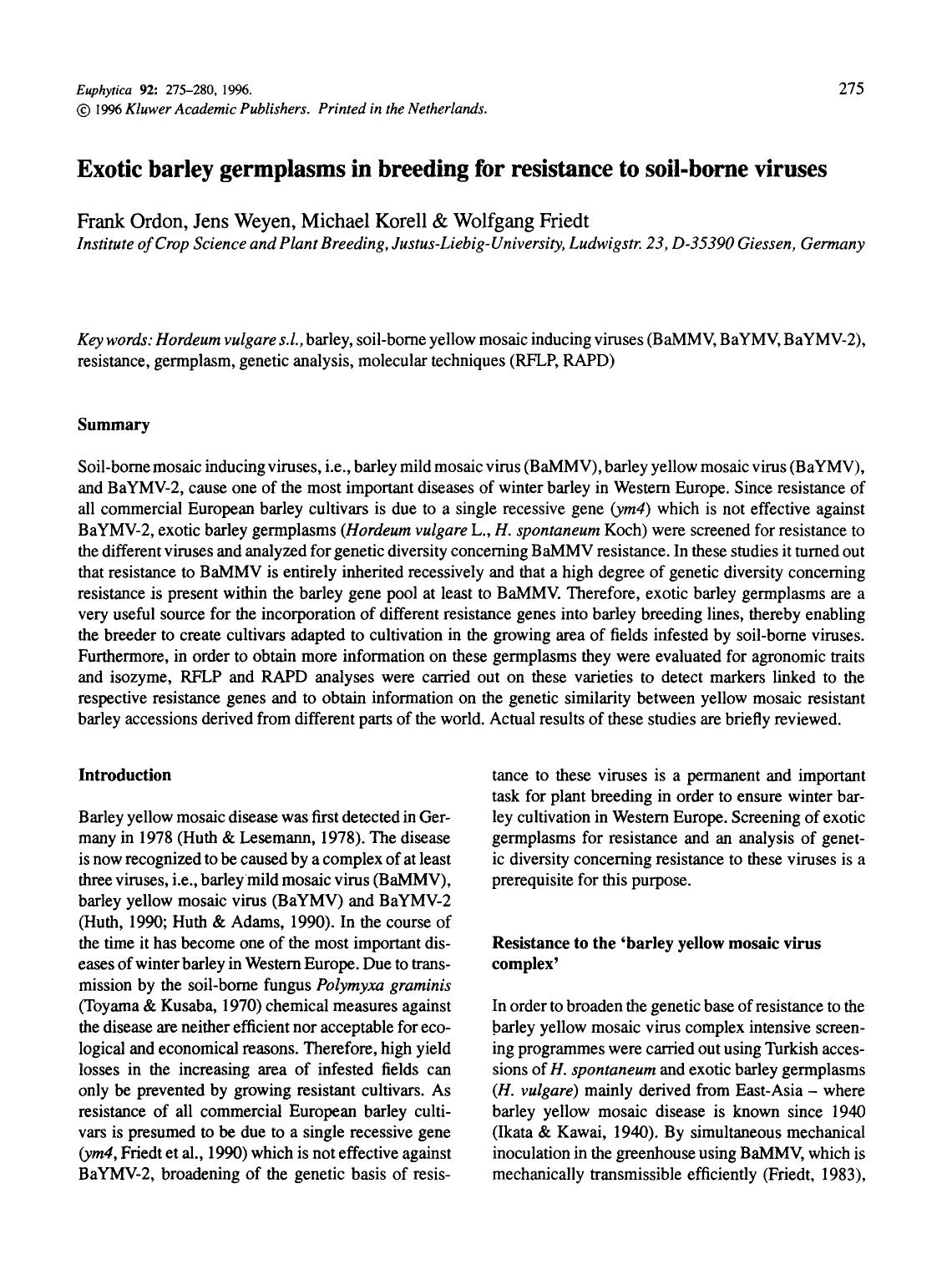 Exotic barley germplasms in breeding for resistance to soil-borne viruses by Unknown