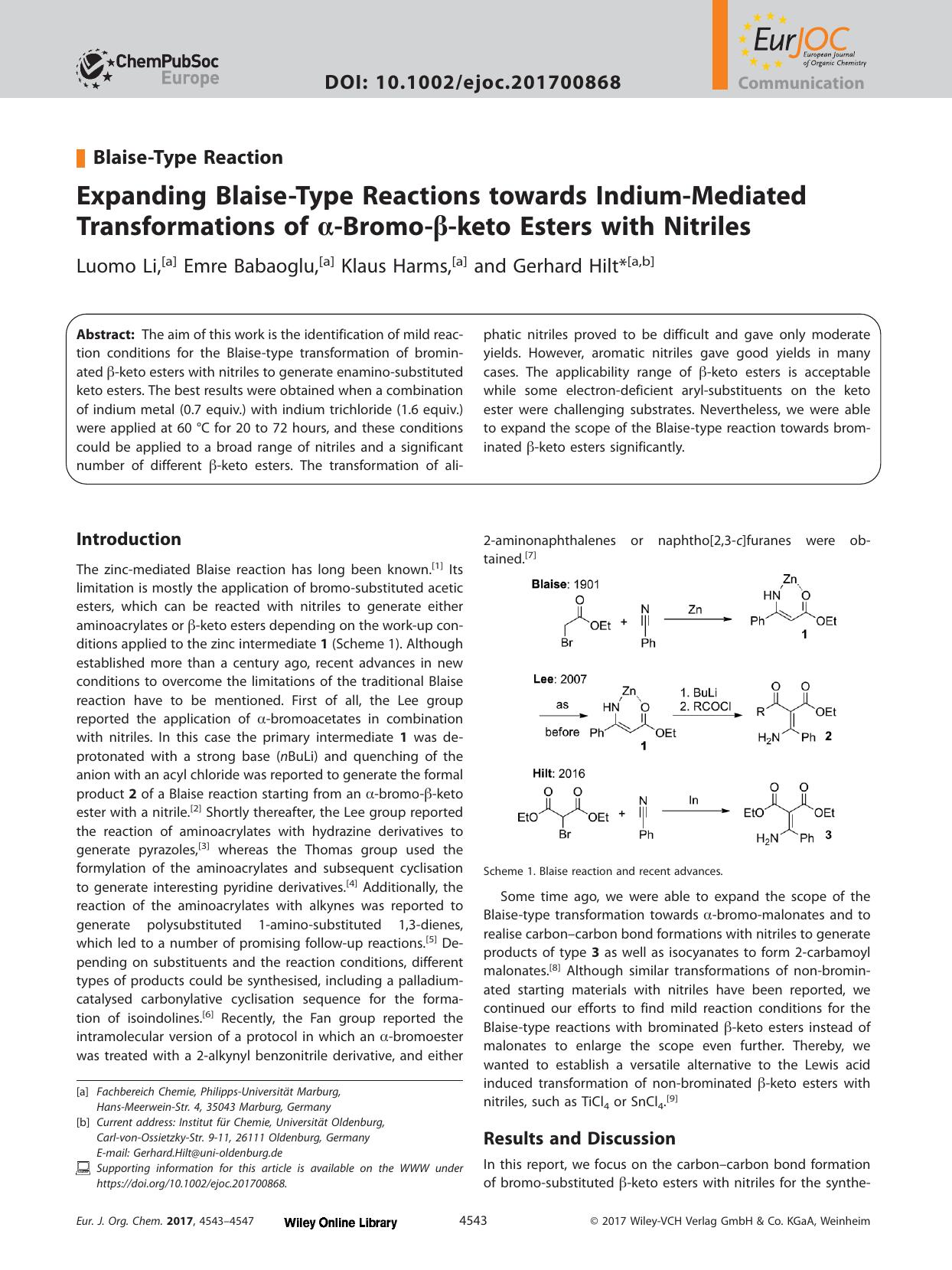 Expanding Blaise&#x02010;Type Reactions towards Indium&#x02010;Mediated Transformations of &#x003B1;&#x02010;Bromo&#x02010;&#x003B2;&#x02010;keto Esters with Nitriles by Unknown