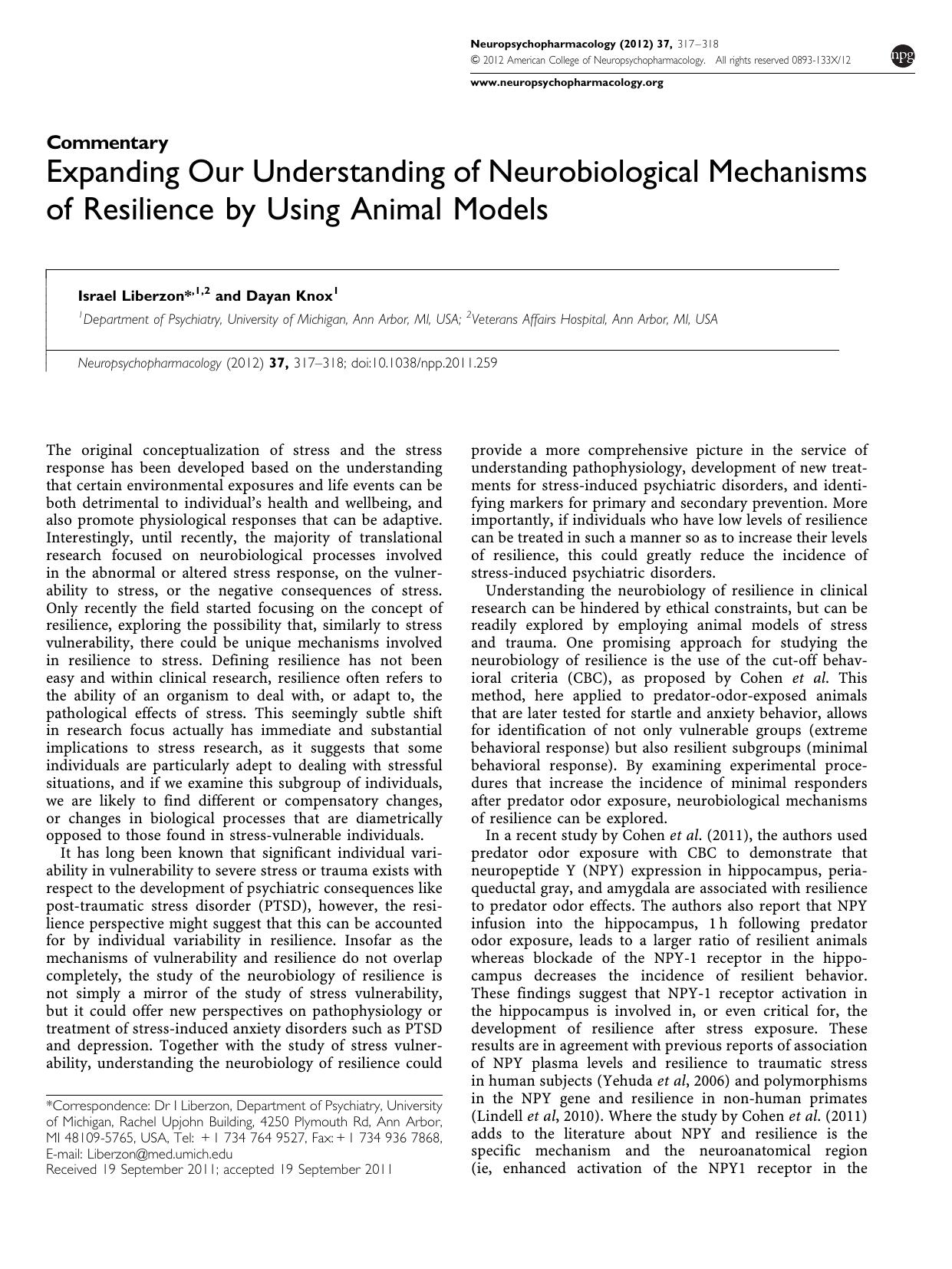 Expanding Our Understanding of Neurobiological Mechanisms of Resilience by Using Animal Models by Israel Liberzon & Dayan Knox &