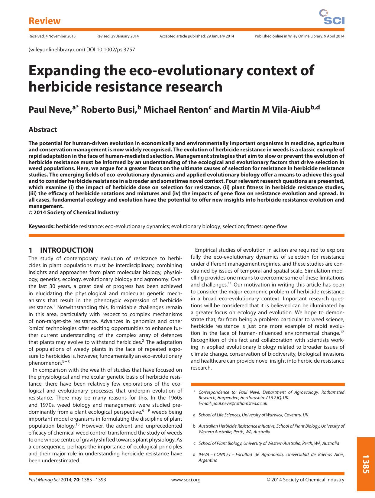 Expanding the ecoevolutionary context of herbicide resistance research by Unknown