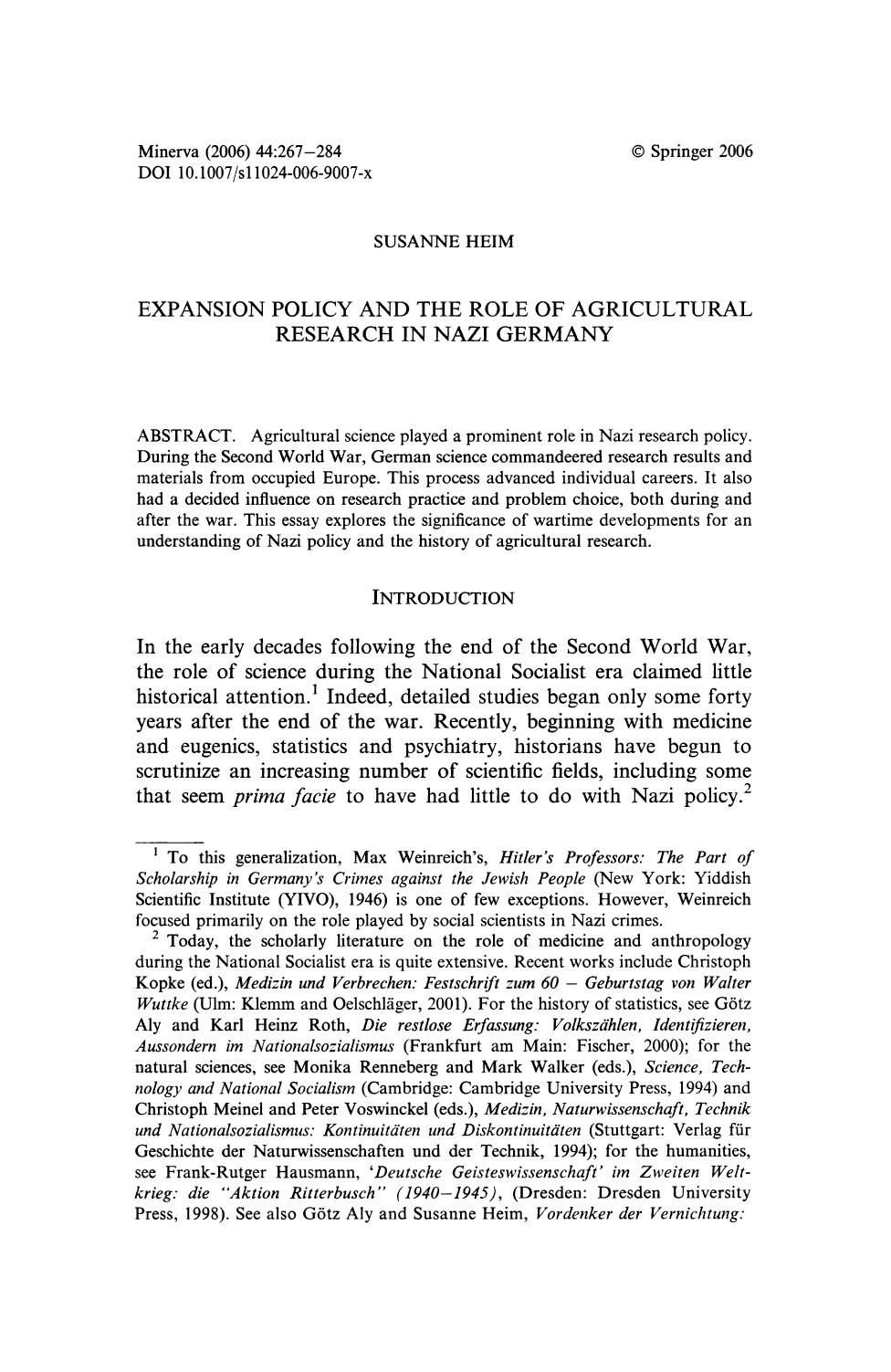 Expansion Policy and the Role of Agricultural Research in Nazi Germany by Unknown