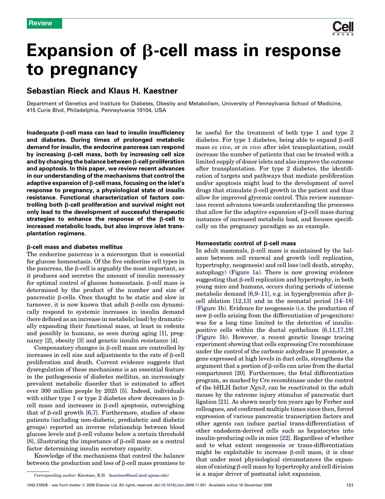 Expansion of ÃÂ²-cell mass in response to pregnancy by Sebastian Rieck; Klaus H. Kaestner
