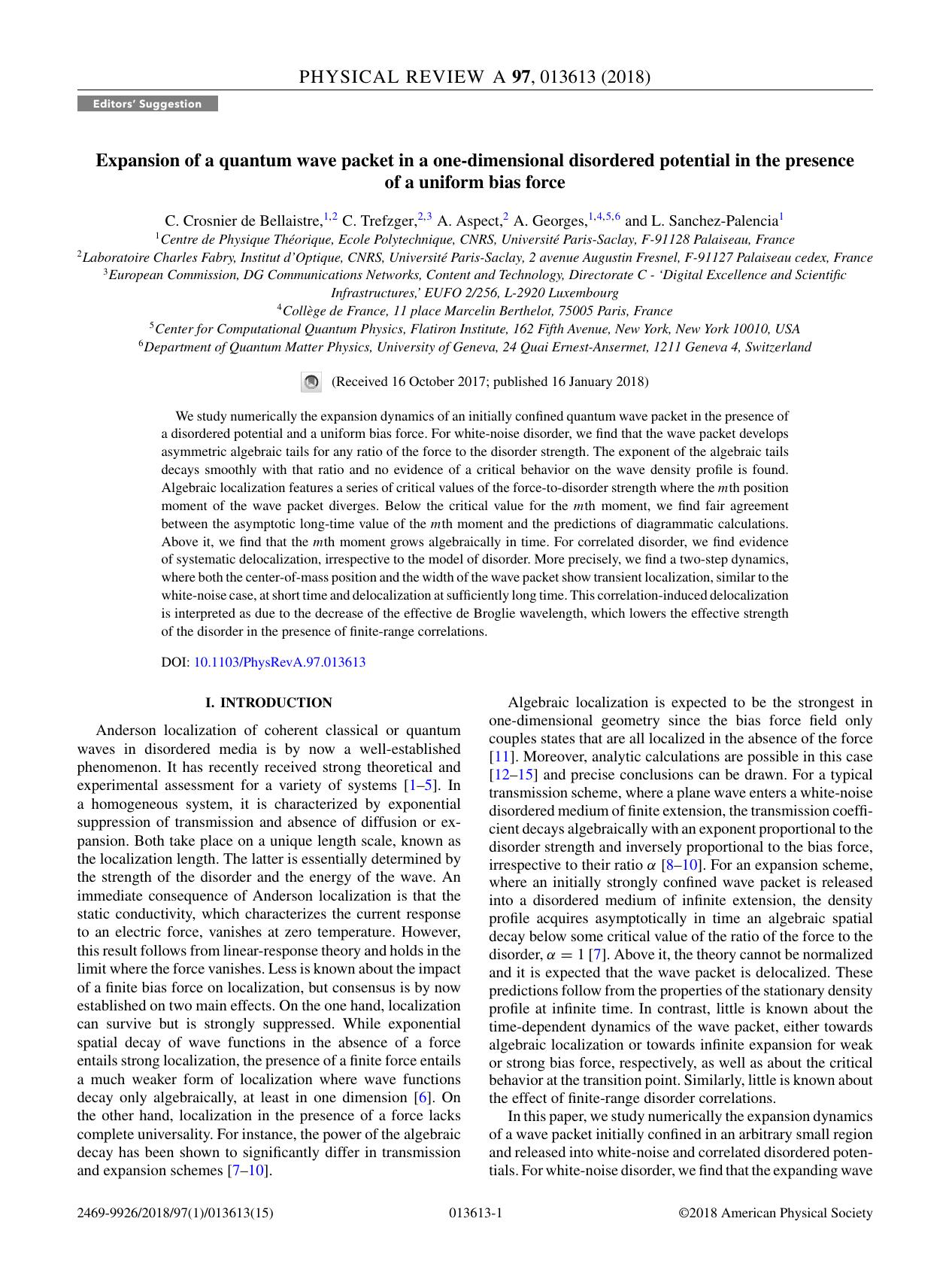 Expansion of a quantum wave packet in a one-dimensional disordered potential in the presence of a uniform bias force by C. Crosnier de Bellaistre & C. Trefzger & A. Aspect & A. Georges & L. Sanchez-Palencia