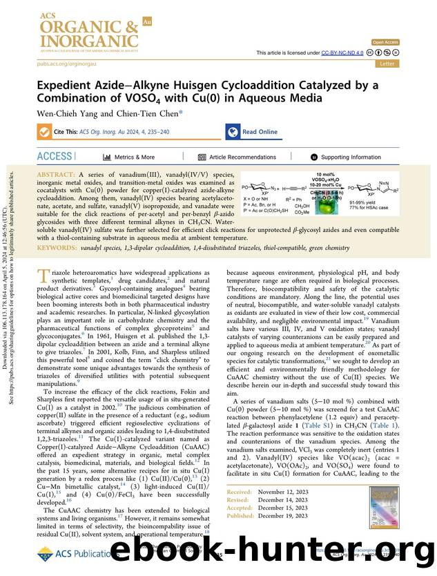 Expedient AzideâAlkyne Huisgen Cycloaddition Catalyzed by a Combination of VOSO4 with Cu(0) in Aqueous Media by Wen-Chieh Yang & Chien-Tien Chen