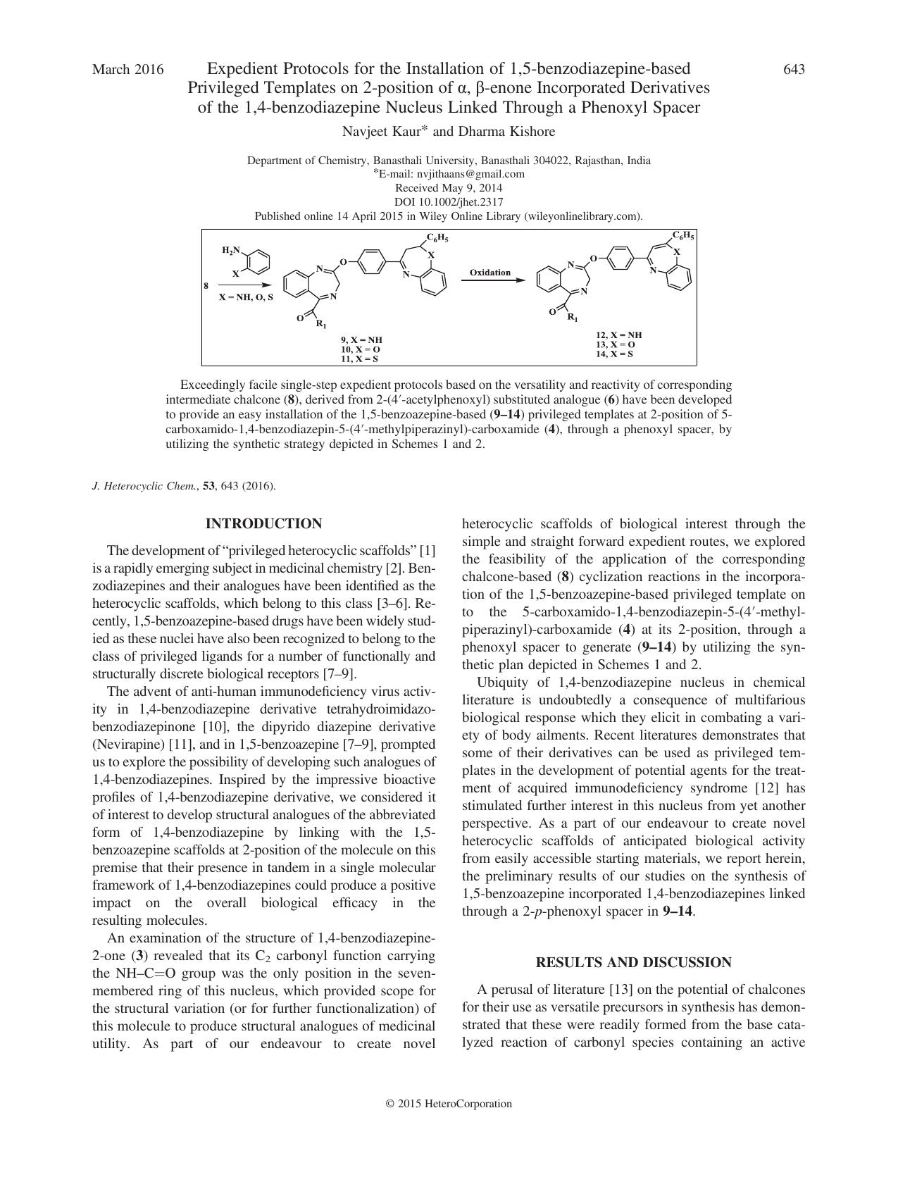 Expedient Protocols for the Installation of 1,5-benzodiazepine-based Privileged Templates on 2-position of , -enone Incorporated Derivatives of the 1,4-benzodiazepine Nucleus Linke by Navjeet Kaur and Dharma Kishore