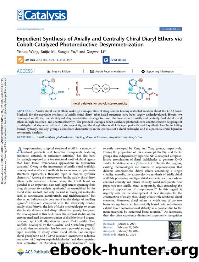 Expedient Synthesis of Axially and Centrally Chiral Diaryl Ethers via Cobalt-Catalyzed Photoreductive Desymmetrization by Yishou Wang Ruijie Mi Songjie Yu & Xingwei Li