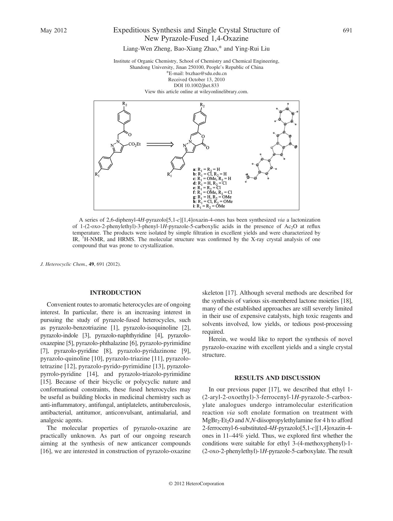 Expeditious Synthesis and Single Crystal Structure of New PyrazoleFused 1,4Oxazine by Unknown