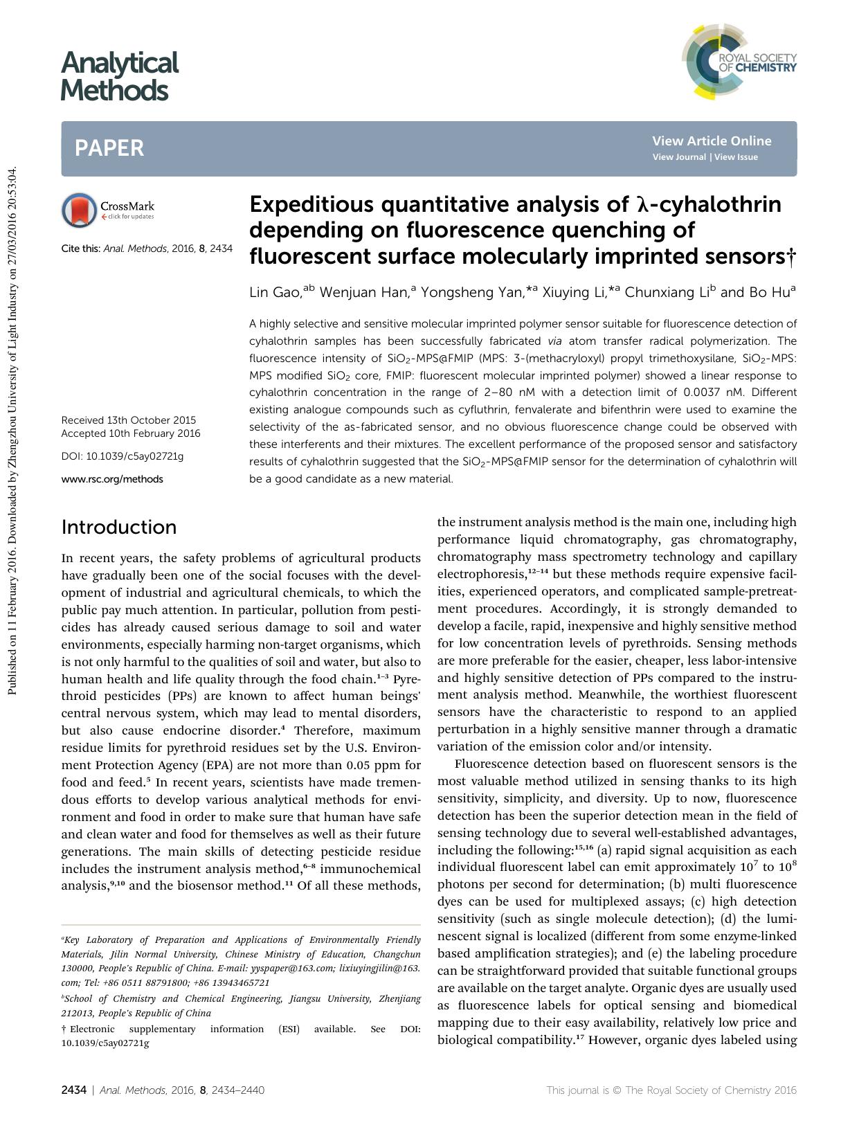 Expeditious quantitative analysis of Î»-cyhalothrin depending on fluorescence quenching of fluorescent surface molecularly imprinted sensors by Lin Gao & Wenjuan Han & Yongsheng Yan & Xiuying Li & Chunxiang Li & Bo Hu