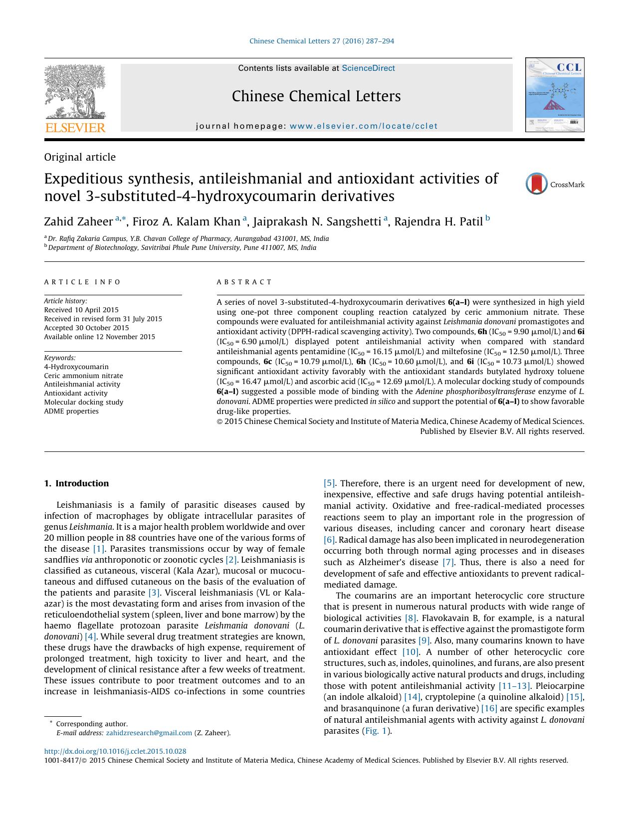 Expeditious synthesis, antileishmanial and antioxidant activities of novel 3-substituted-4-hydroxycoumarin derivatives by Zahid Zaheer & Firoz A. Kalam Khan & Jaiprakash N. Sangshetti & Rajendra H. Patil