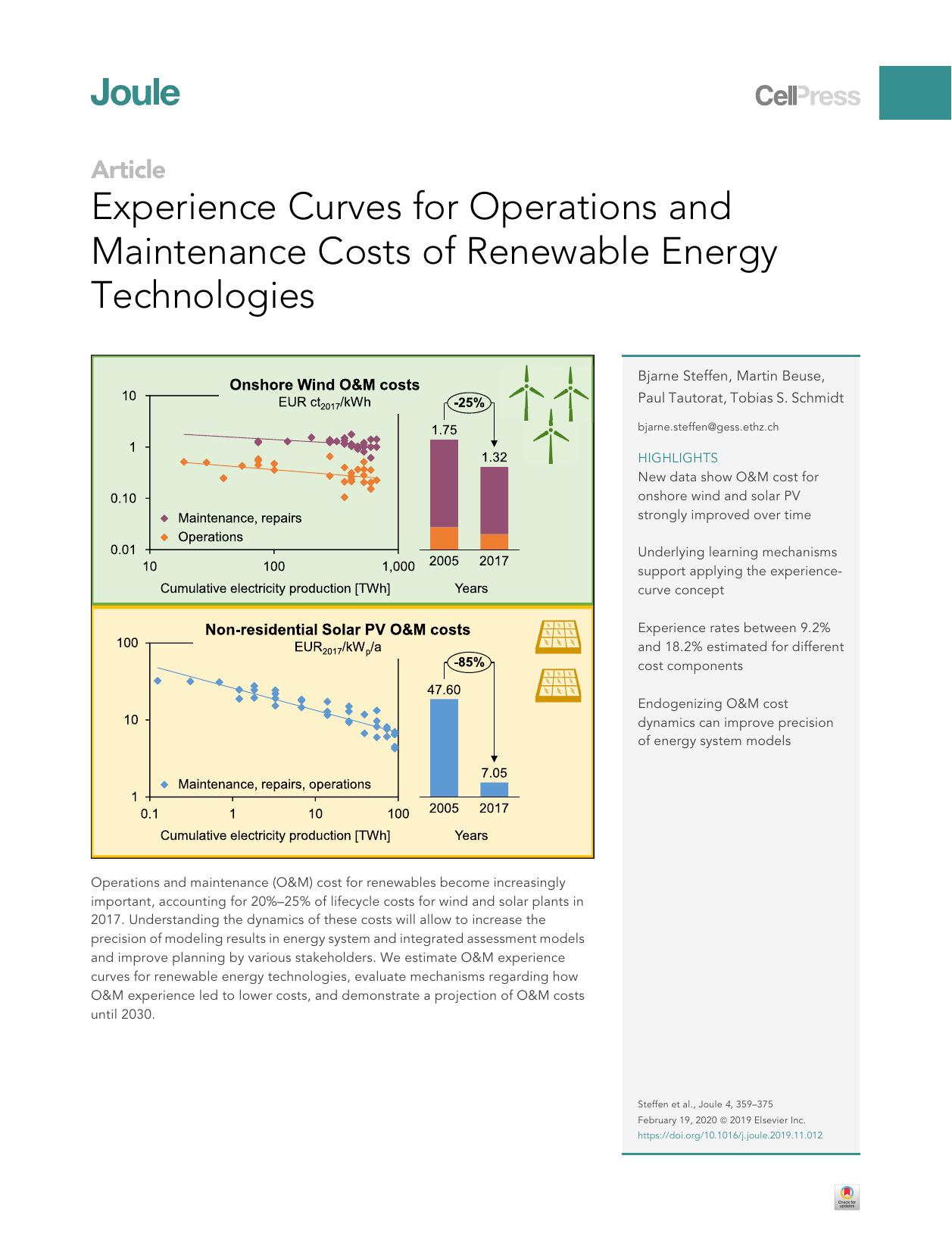Experience Curves for Operations and Maintenance Costs of Renewable Energy Technologies by Bjarne Steffen & Martin Beuse & Paul Tautorat & Tobias S. Schmidt