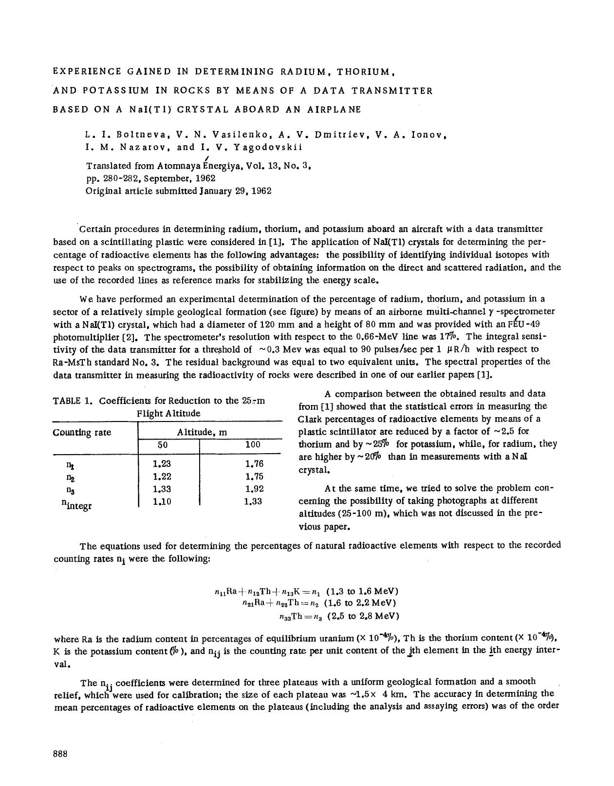Experience gained in determining radium, thorium, and potassium in rocks by means of a data transmitter based on a NaI(T1) crystal aboard an airplane by Unknown