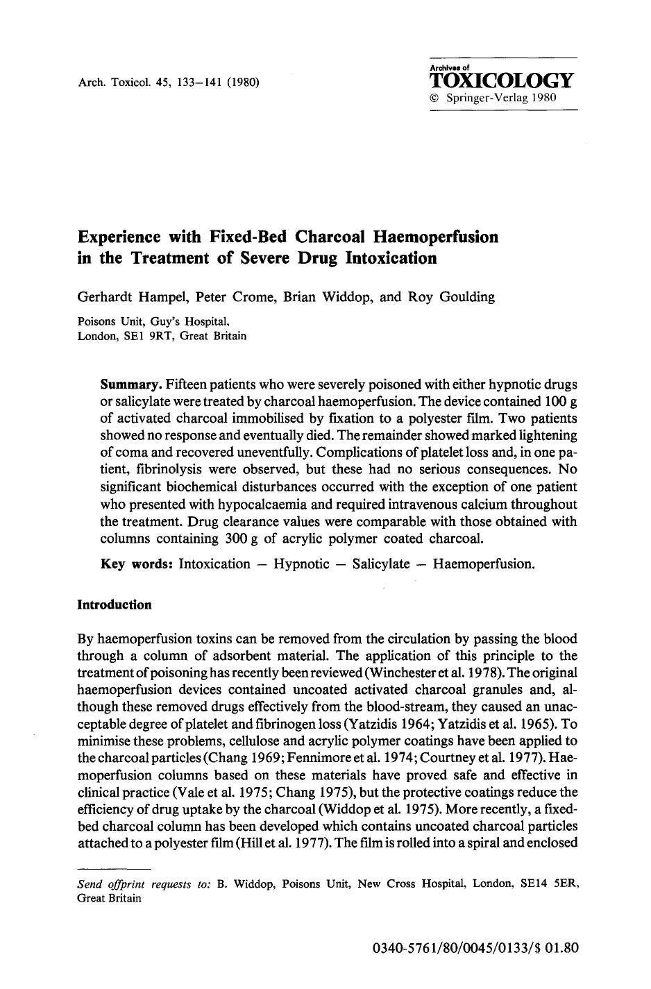 Experience with fixed-bed charcoal haemoperfusion in the treatment of severe drug intoxication by Unknown