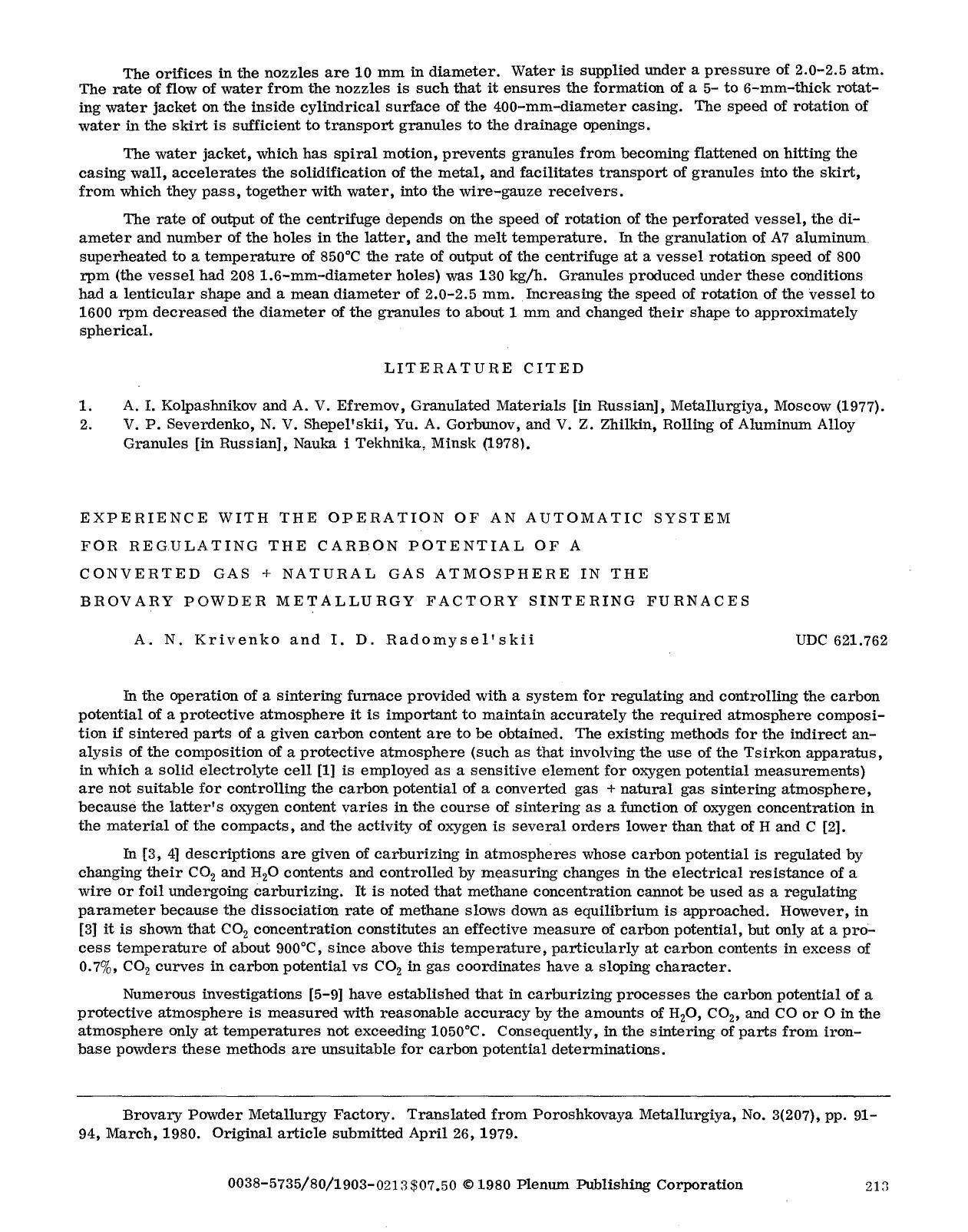 Experience with the operation of an automatic system for regulating the carbon potential of a converted gas + natural gas atmosphere in the Brovary Powder Metallurgy Factory sintering furnaces by Unknown