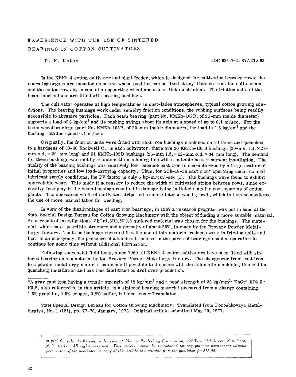 Experience with the use of sintered bearings in cotton cultivators by Unknown