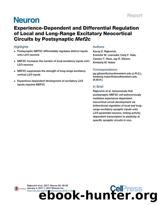 Experience-Dependent and Differential Regulation of Local and Long-Range Excitatory Neocortical Circuits by Postsynaptic Mef2c by unknow