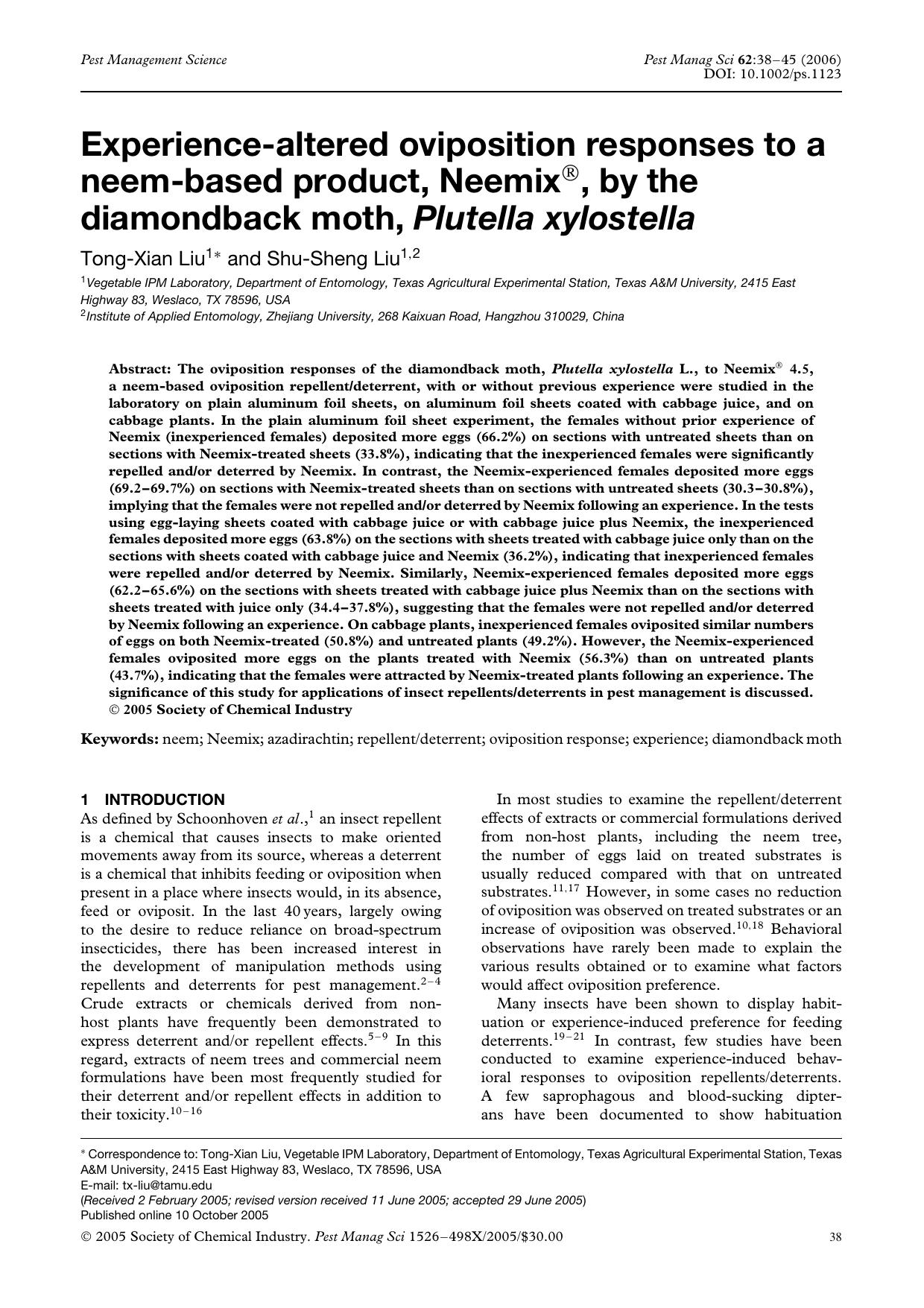 Experience-altered oviposition responses to a neem-based product, NeemixÂ®, by the diamondback moth, Plutella xylostella by Unknown