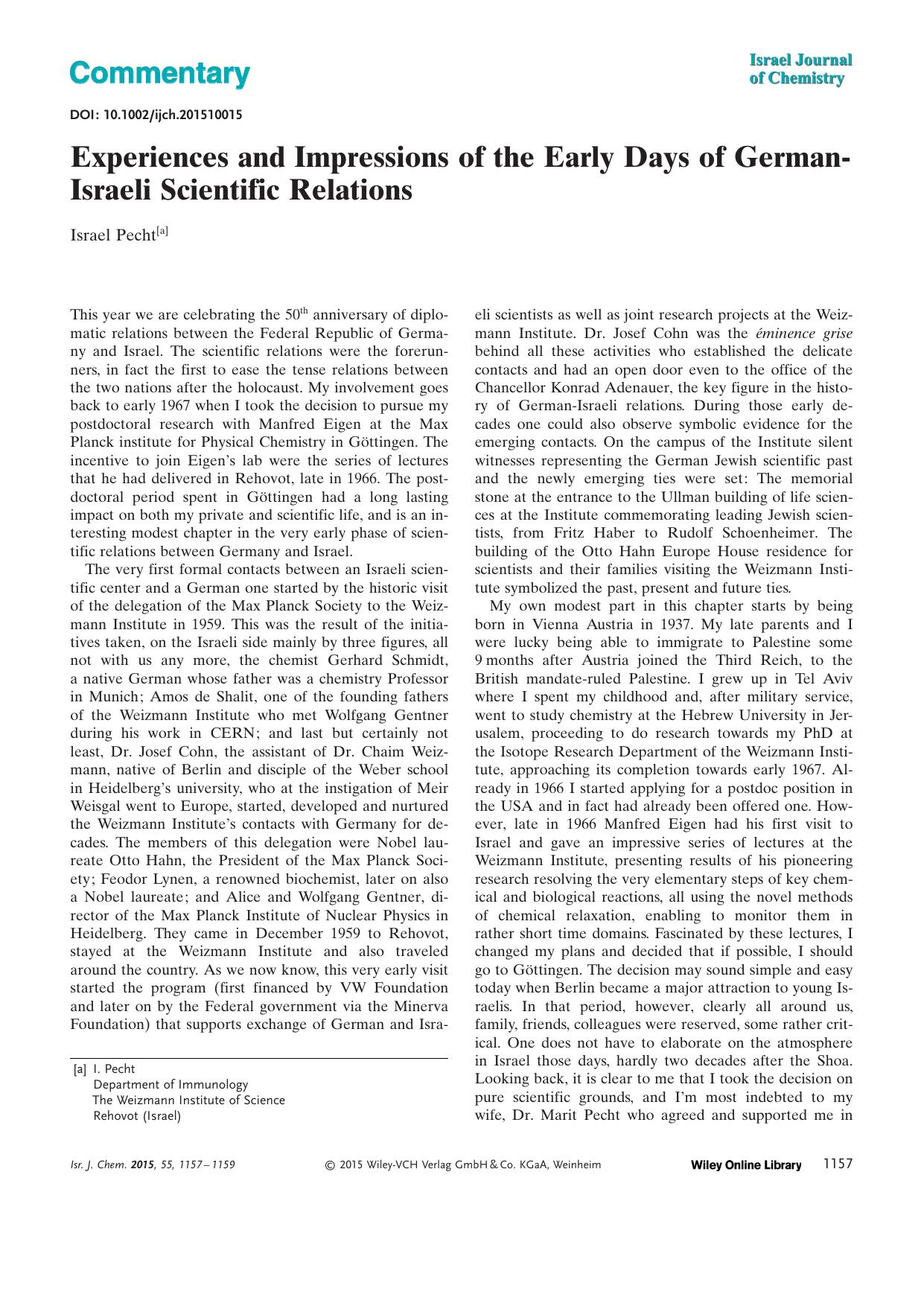 Experiences and Impressions of the Early Days of GermanIsraeli Scientific Relations by Unknown