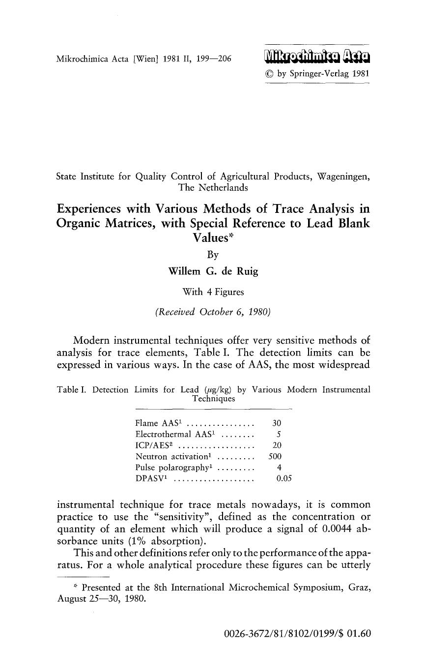 Experiences with various methods of trace analysis in organic matrices, with special reference to lead blank values by Unknown