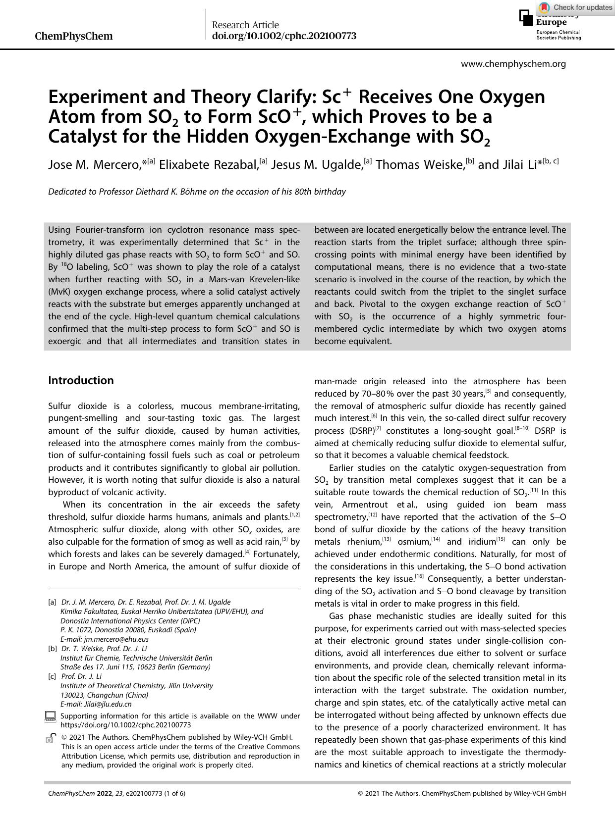 Experiment and Theory Clarify: Sc+ Receives One Oxygen Atom from SO2 to Form ScO+, which Proves to be a Catalyst for the Hidden OxygenâExchange with SO2 by Unknown