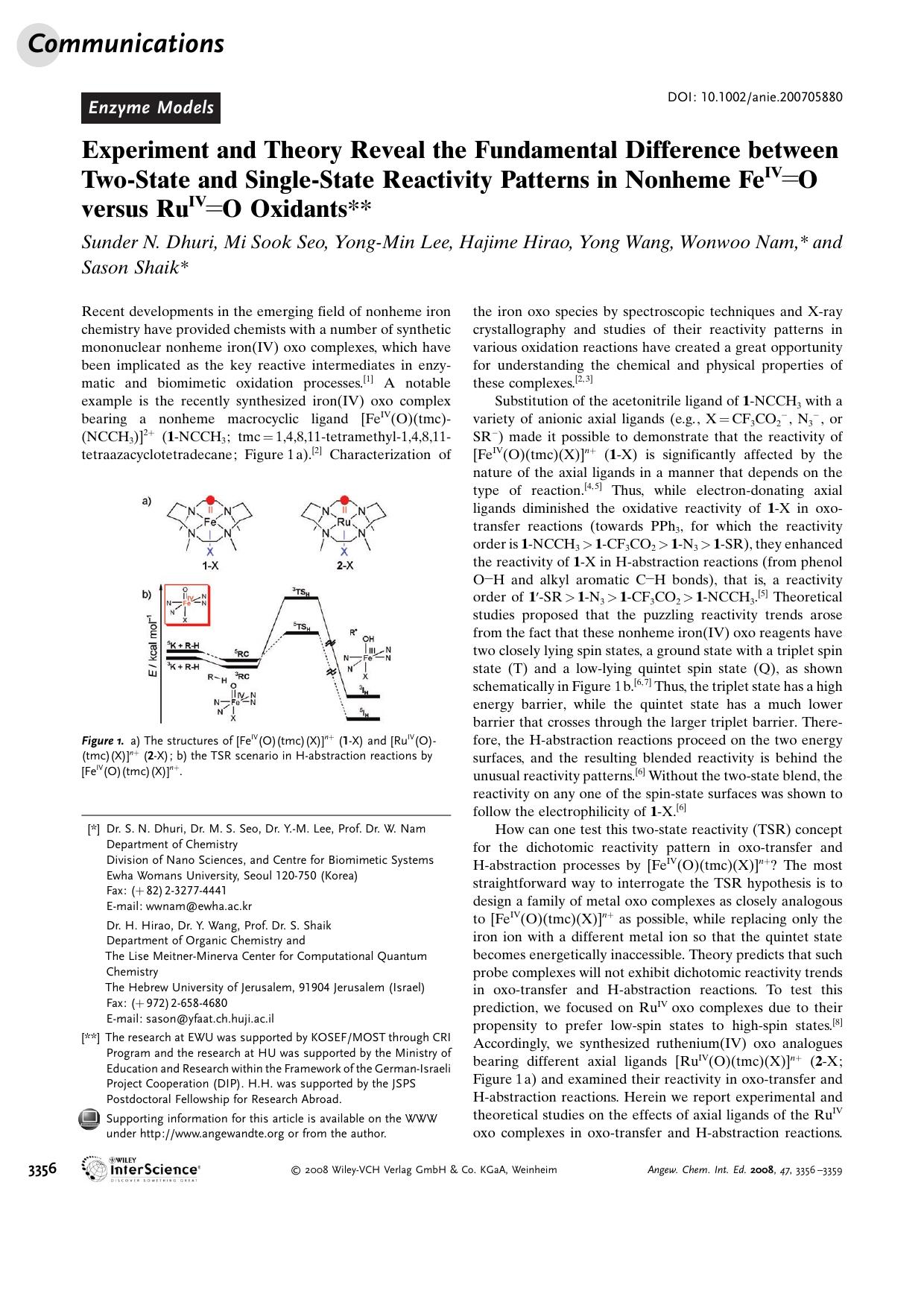 Experiment and Theory Reveal the Fundamental Difference between Two-State and Single-State Reactivity Patterns in Nonheme FeIV[double bond]O versus RuIV[double bond]O Oxidants by Unknown