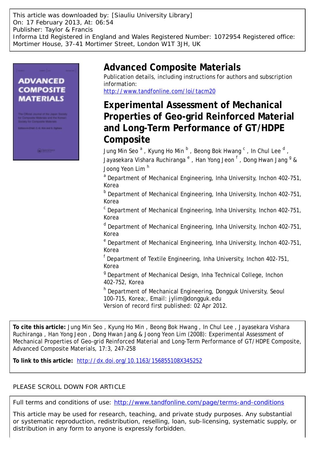 Experimental Assessment of Mechanical Properties of Geo-grid Reinforced Material and Long-Term Performance of GTHDPE Composite by unknow
