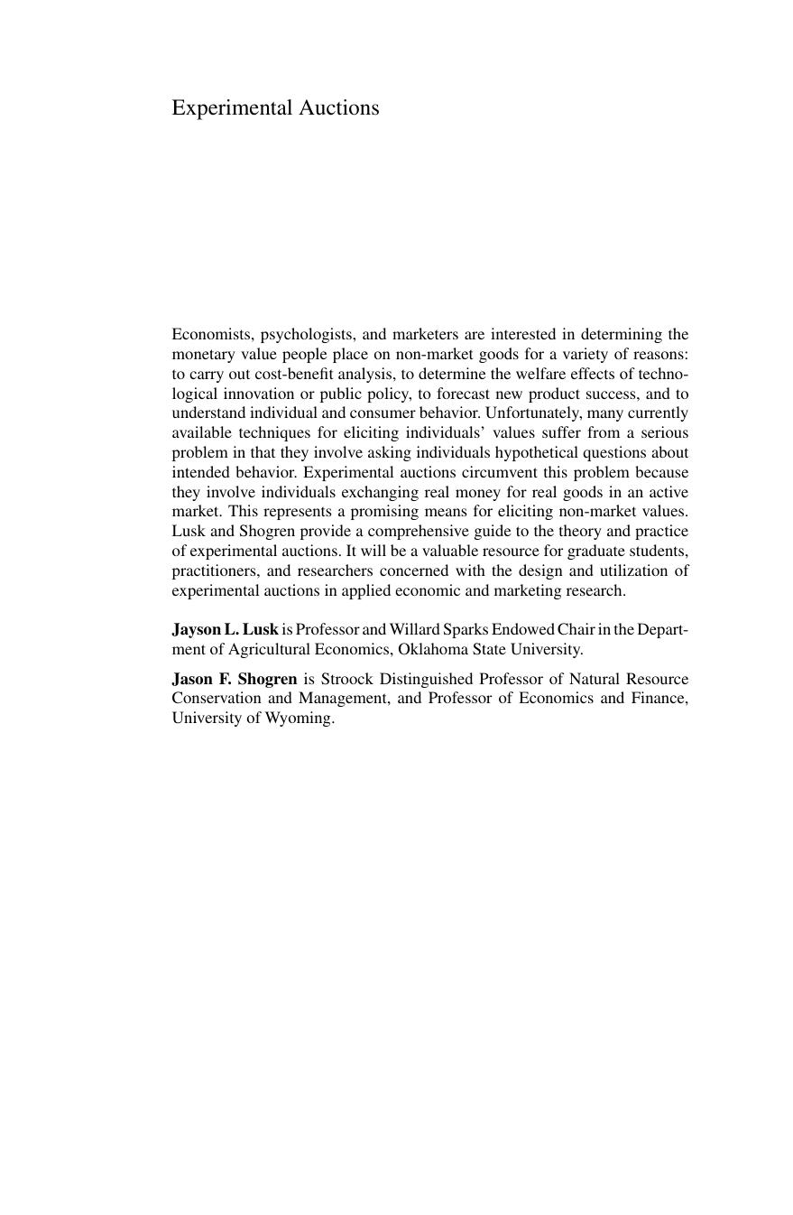 Experimental Auctions: Methods and Applications in Economic and Marketing Research (Quantitative Methods for Applied Economics and Business Research) by Jayson L. Lusk Jason F. Shogren