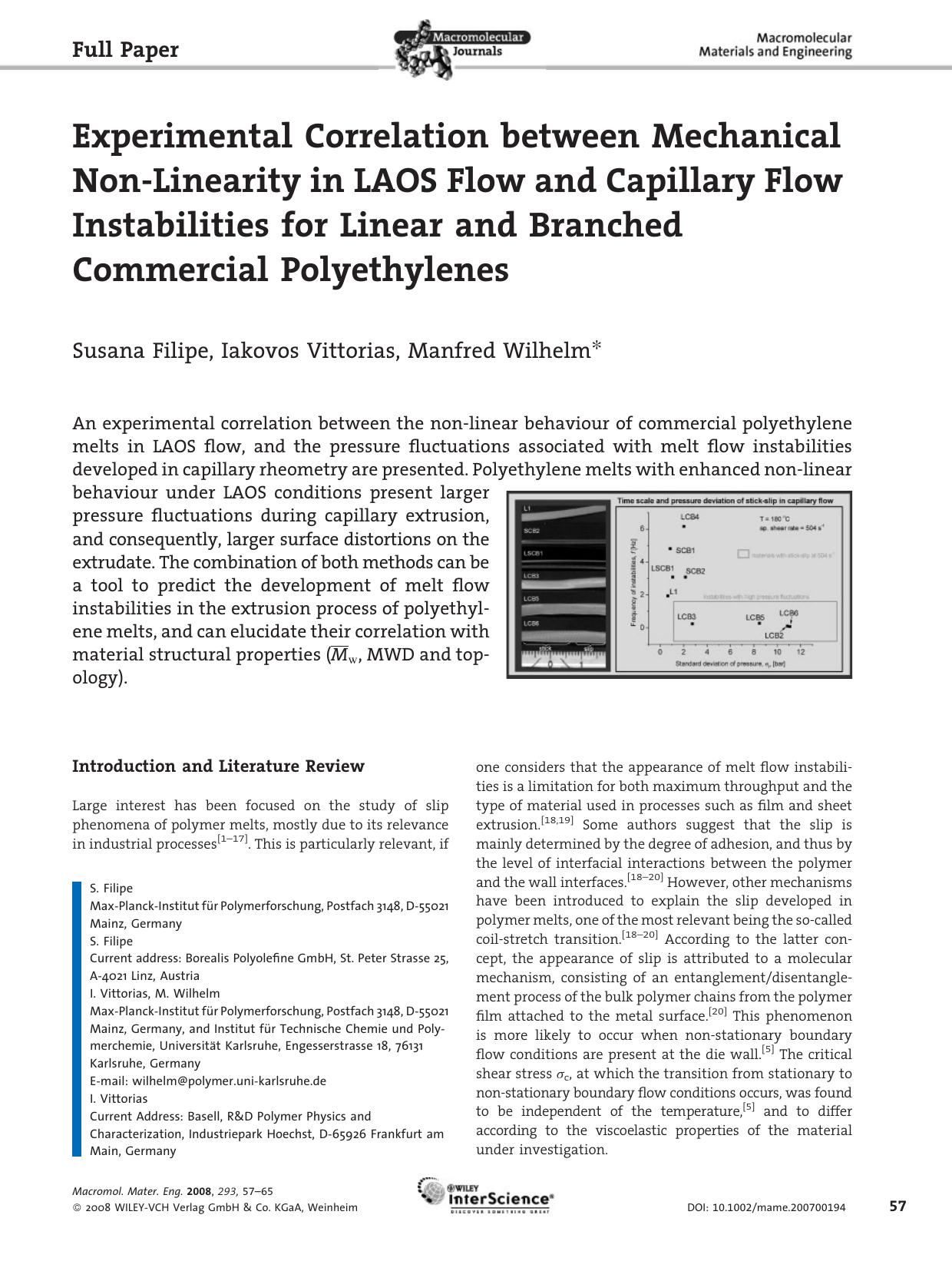 Experimental Correlation between Mechanical Non-Linearity in LAOS Flow and Capillary Flow Instabilities for Linear and Branched Commercial Polyethylenes by Unknown