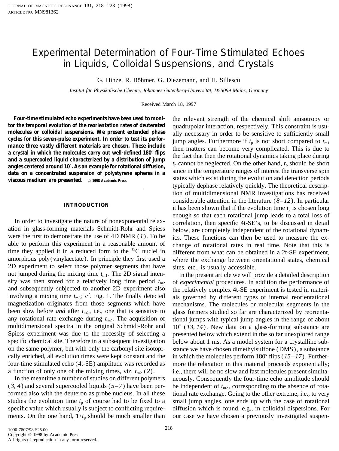Experimental Determination of Four-Time Stimulated Echoes in Liquids, Colloidal Suspensions, and Crystals by Hinze G. et al