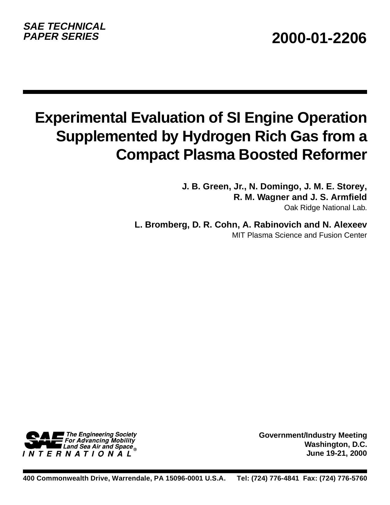 Experimental Evaluation of SI Engine Operation Supplemented by Hydrogen Rich Gas from a Compact Plasma Boosted Reformer by unknow