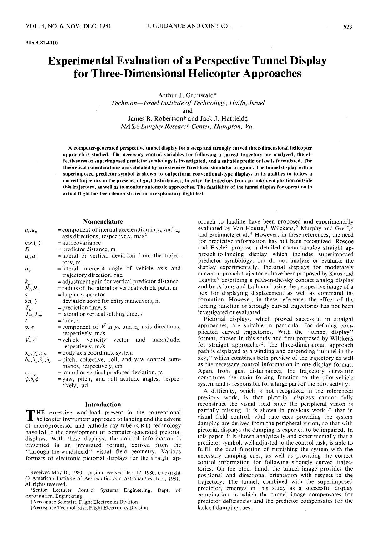 Experimental Evaluation of a Perspective Tunnel Display for Three-Dimensional Helicopter Approaches by Unknown
