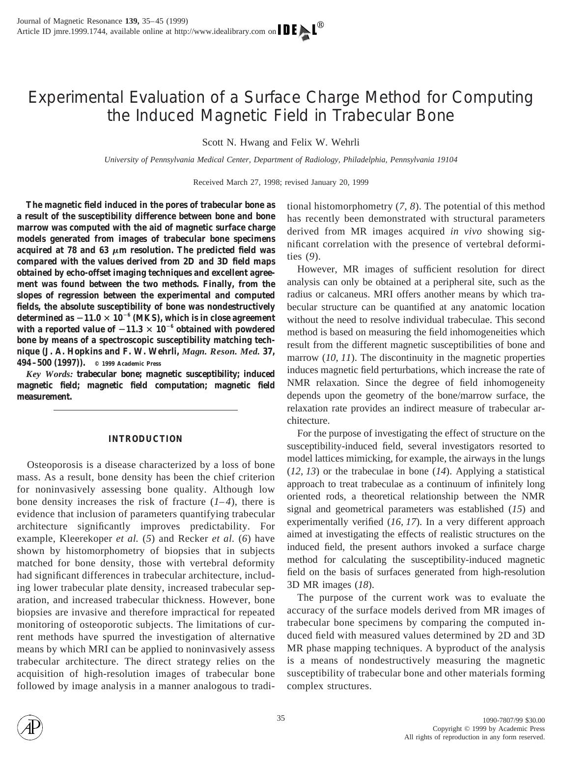 Experimental Evaluation of a Surface Charge Method for Computing the Induced Magnetic Field in Trabecular Bone by Hwang S. N. et al