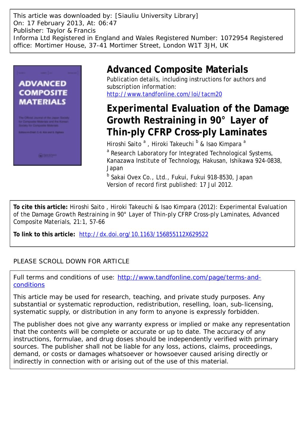 Experimental Evaluation of the Damage Growth Restraining in 90Â° Layer of Thin-ply CFRP Cross-ply Laminates by Hiroshi Saito Hiroki Takeuchi & Isao Kimpara