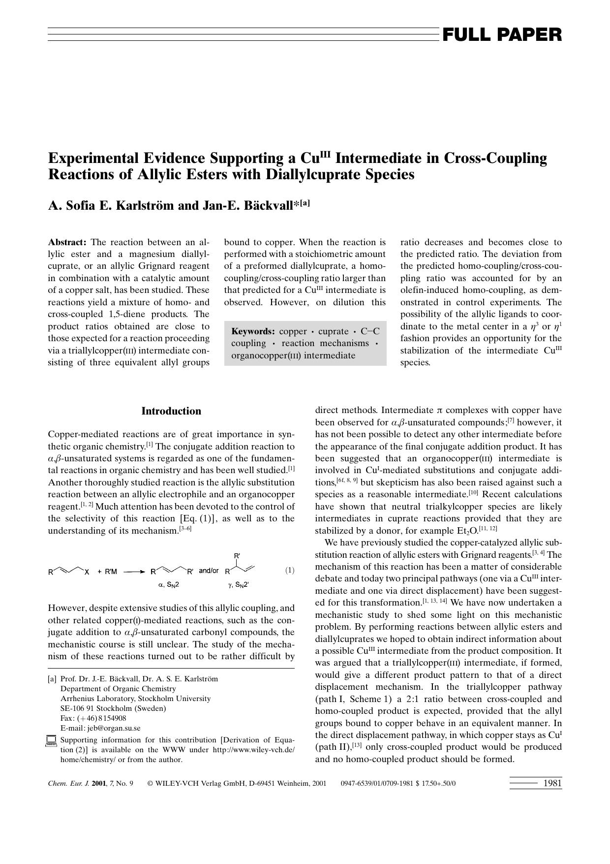 Experimental Evidence Supporting a CuIII Intermediate in Cross-Coupling Reactions of Allylic Esters with Diallylcuprate Species by Unknown