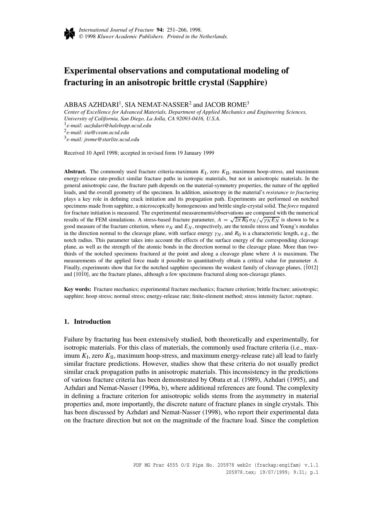 Experimental Observations and Computational Modeling of Fracturing in an Anisotropic Brittle Crystal (Sapphire) by Unknown