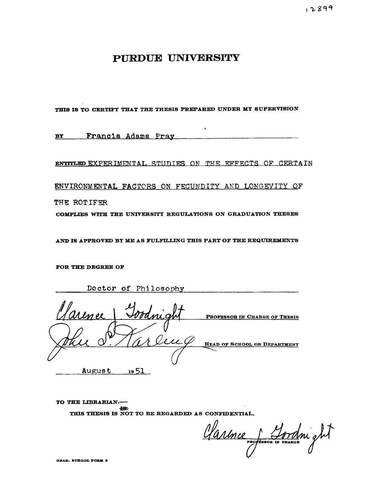 Experimental Studies on the Effects of Certain Environmental Factors on Fecundity and Longevity of the Rotifer by Pray