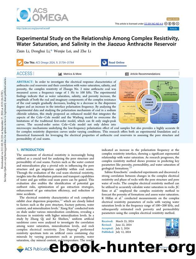 Experimental Study on the Relationship Among Complex Resistivity, Water Saturation, and Salinity in the Jiaozuo Anthracite Reservoir by Zixin Li Donghui Li Wenjie Lei & Zhe Li