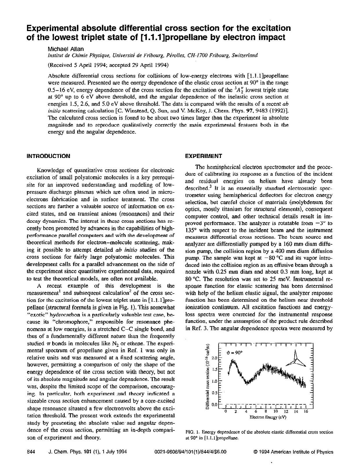 Experimental absolute differential cross section for the excitation of the lowest triplet state of [1.1.1]propellane by electron impact by Michael Allan