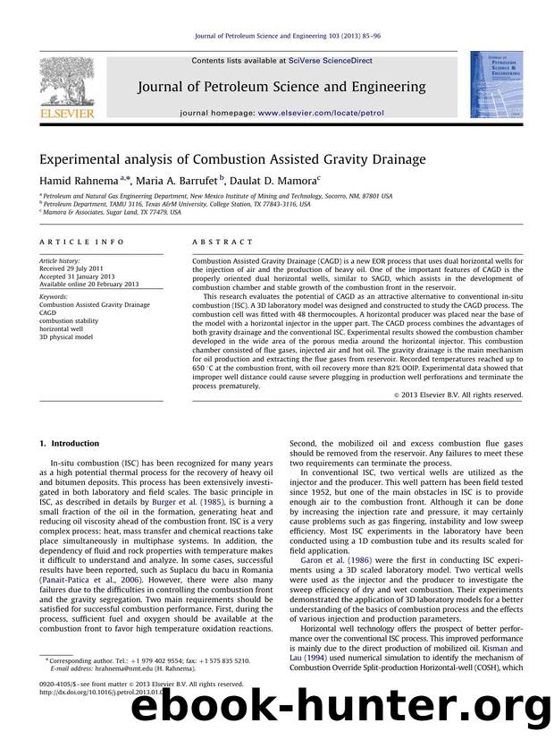 Experimental analysis of Combustion Assisted Gravity Drainage by Hamid Rahnema & Maria A. Barrufet & Daulat D. Mamora