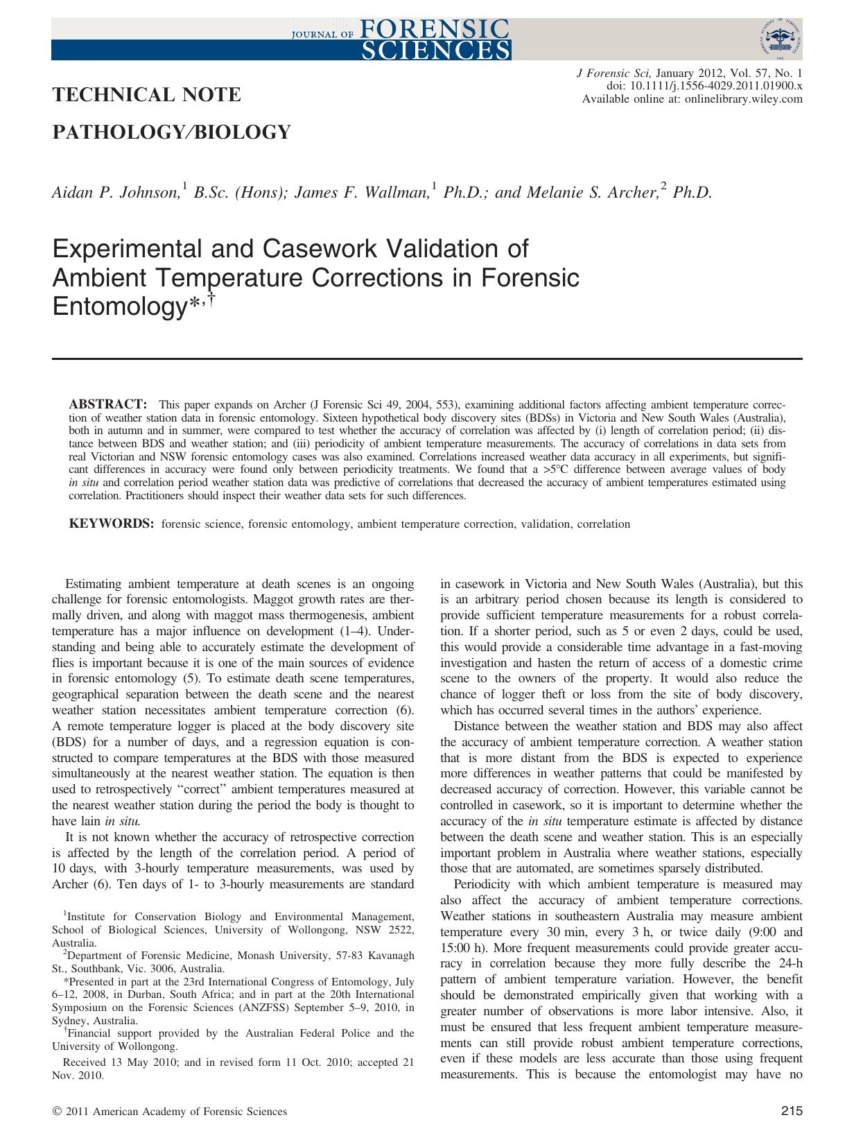 Experimental and Casework Validation of Ambient Temperature Corrections in Forensic Entomology, by Unknown