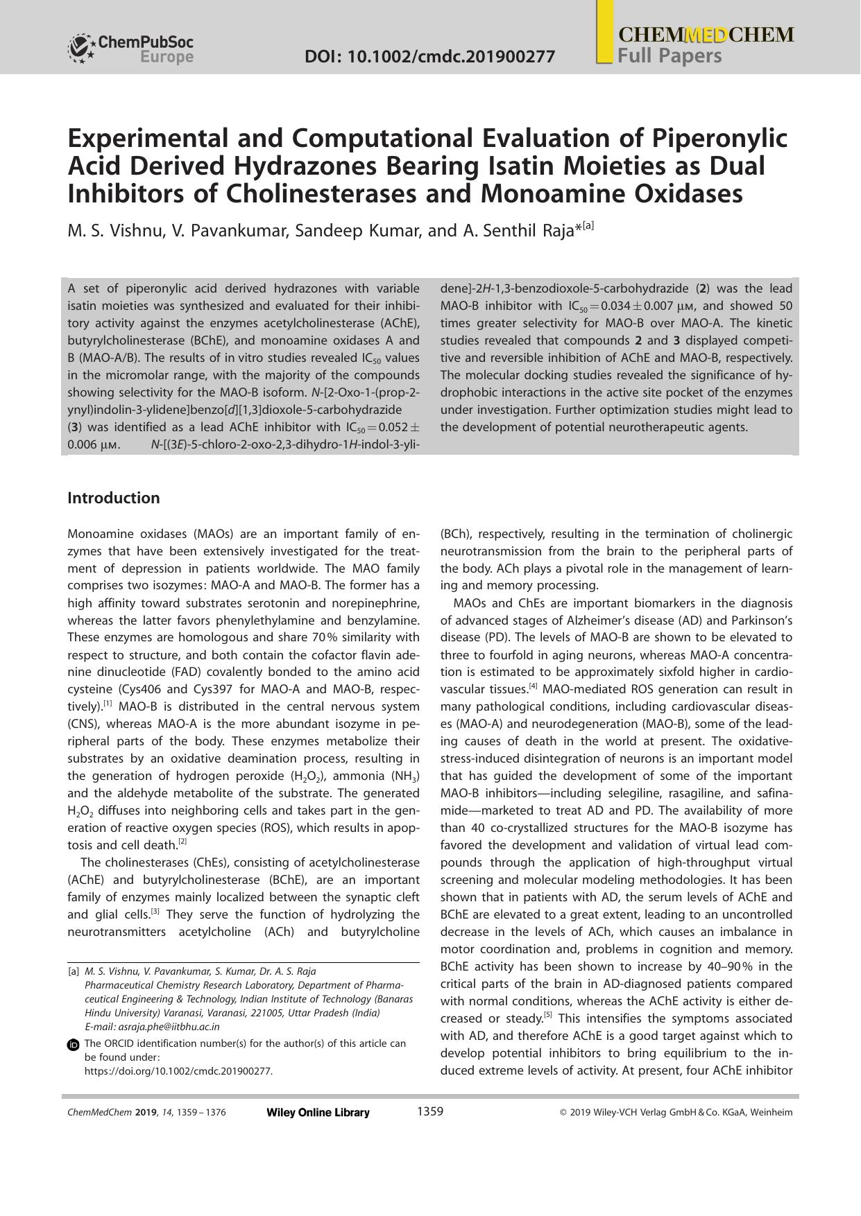 Experimental and Computational Evaluation of Piperonylic Acid Derived Hydrazones Bearing Isatin Moieties as Dual Inhibitors of Cholinesterases and Monoamine Oxidases by Unknown