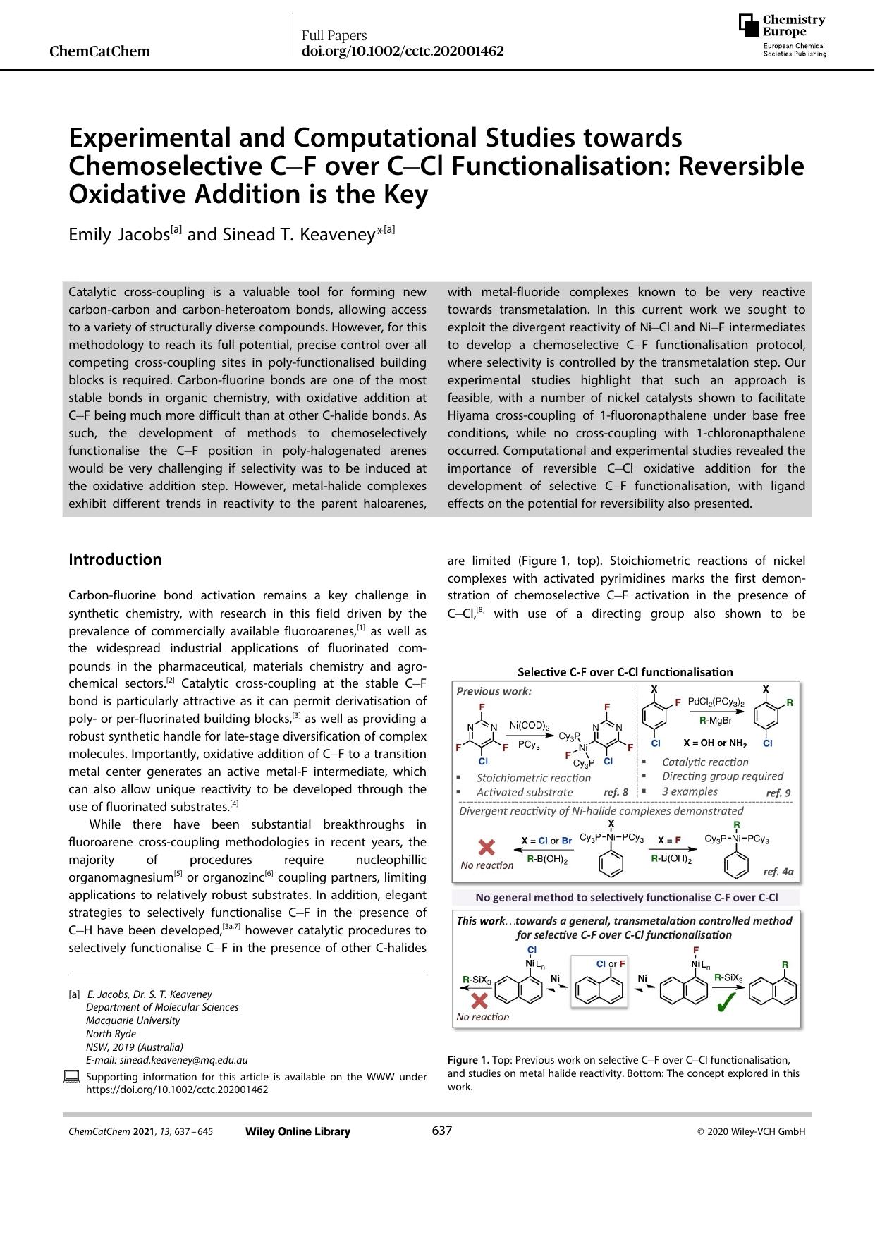 Experimental and Computational Studies towards Chemoselective CâF over CâCl Functionalisation: Reversible Oxidative Addition is the Key by Unknown