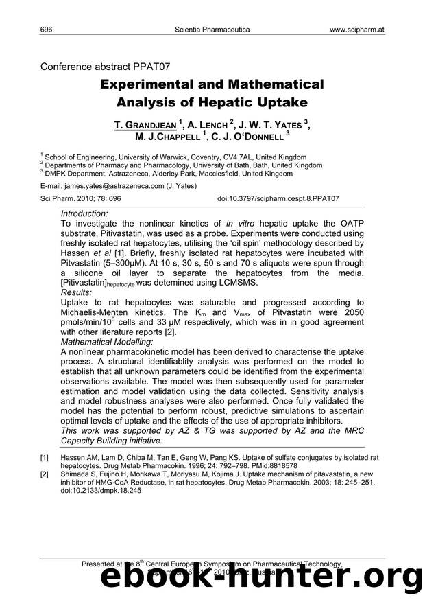 Experimental and Mathematical Analysis of Hepatic Uptake by T. GRANDJEAN & A. LENCH & J. W. T. YATES & M. J.CHAPPELL & C. J. O‘DONNELL