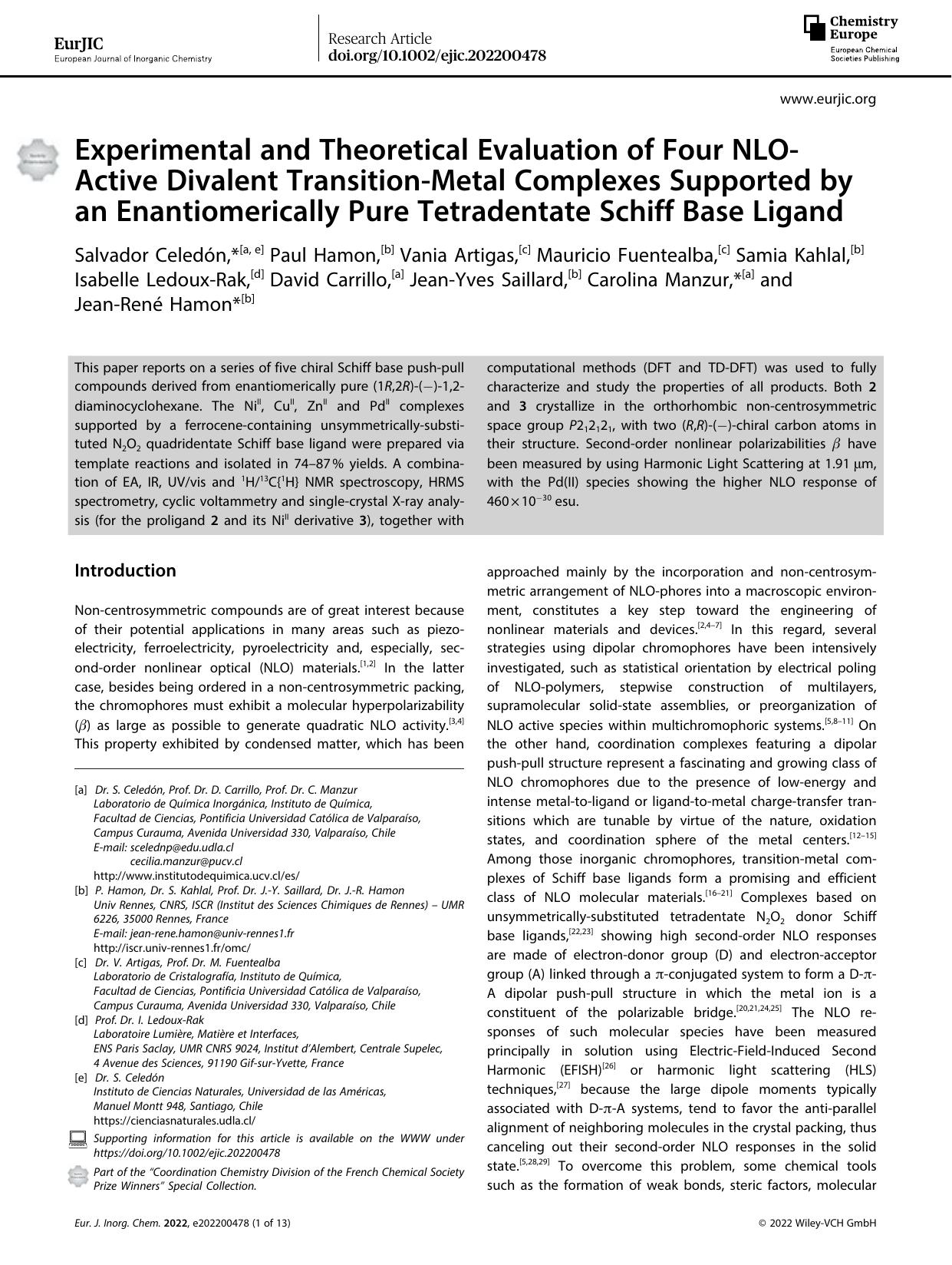 Experimental and Theoretical Evaluation of Four NLOâActive Divalent TransitionâMetal Complexes Supported by an Enantiomerically Pure Tetradentate Schiff Base Ligand by Unknown