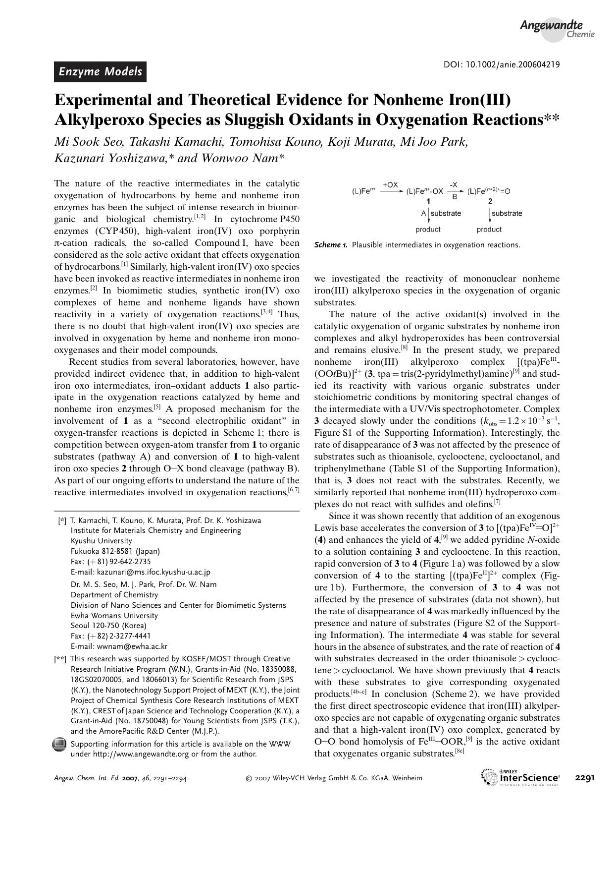 Experimental and Theoretical Evidence for Nonheme Iron(III) Alkylperoxo Species as Sluggish Oxidants in Oxygenation Reactions by Unknown