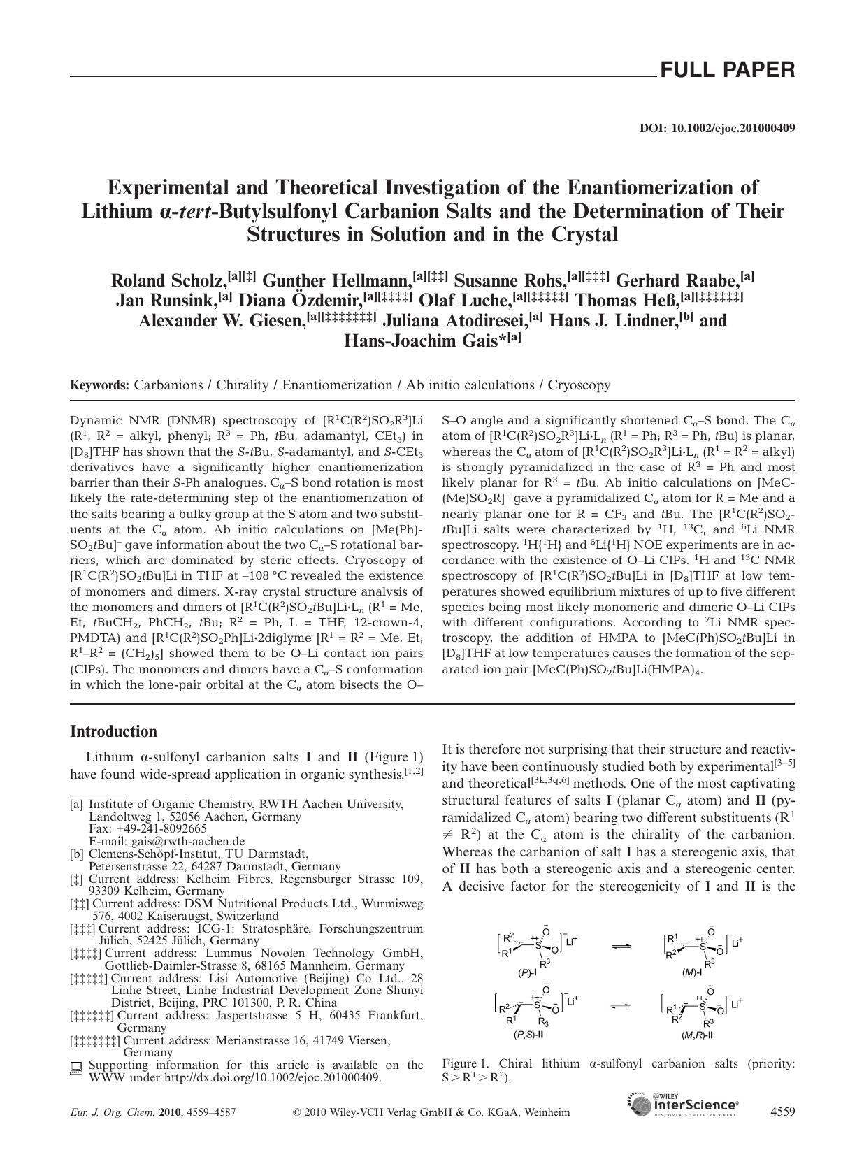 Experimental and Theoretical Investigation of the Enantiomerization of Lithium tertButylsulfonyl Carbanion Salts and the Determination of Their Structures in Solution and in the Crystal by Unknown
