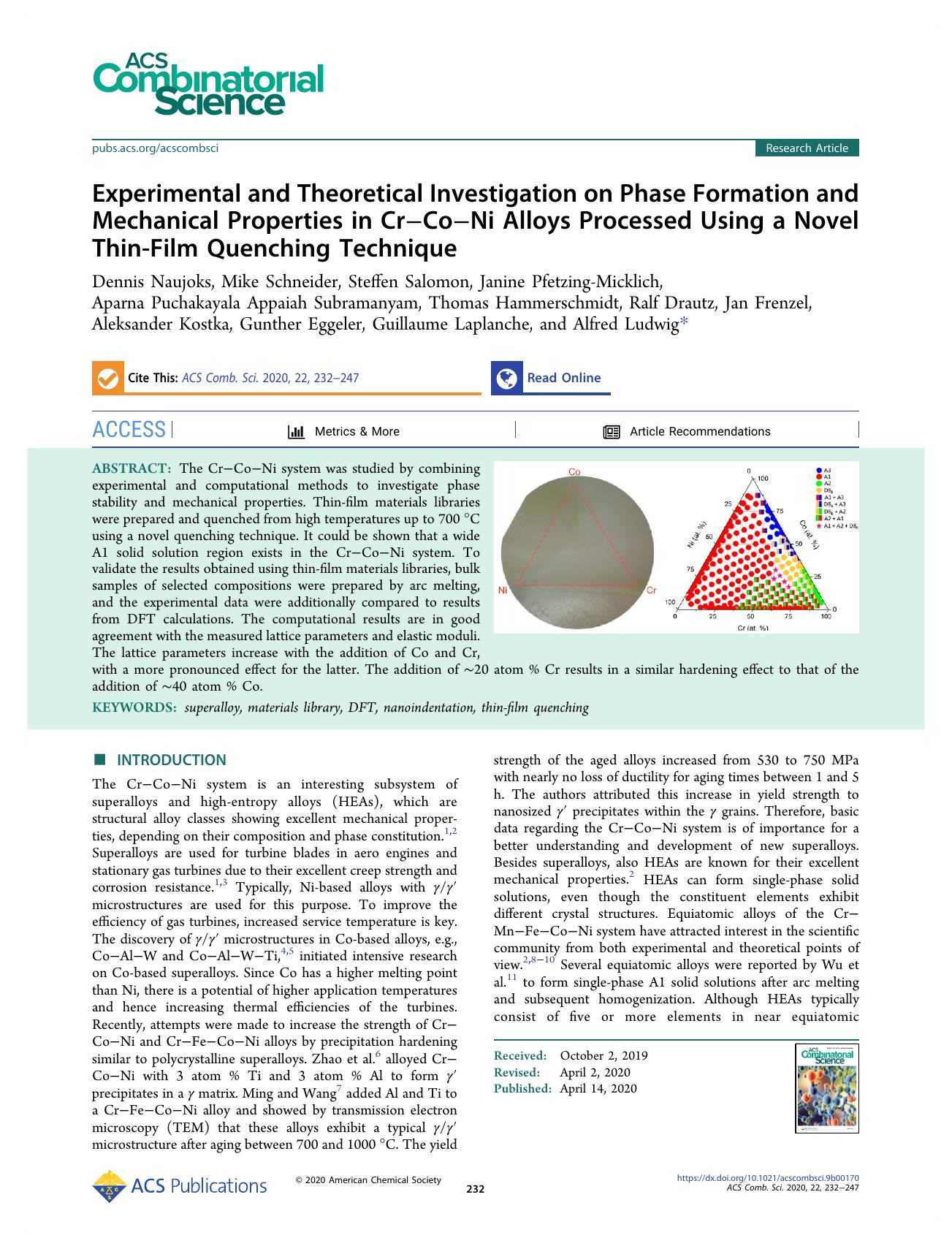 Experimental and Theoretical Investigation on Phase Formation and Mechanical Properties in CrâCoâNi Alloys Processed Using a Novel Thin-Film Quenching Technique by unknow